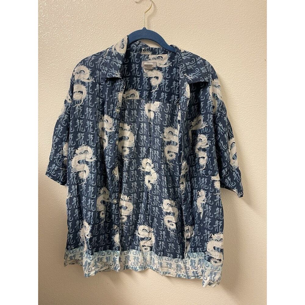 Utility Shirt Mens Sz Medium Blue Dragon All Over Print Short Sleeve Button Y2K